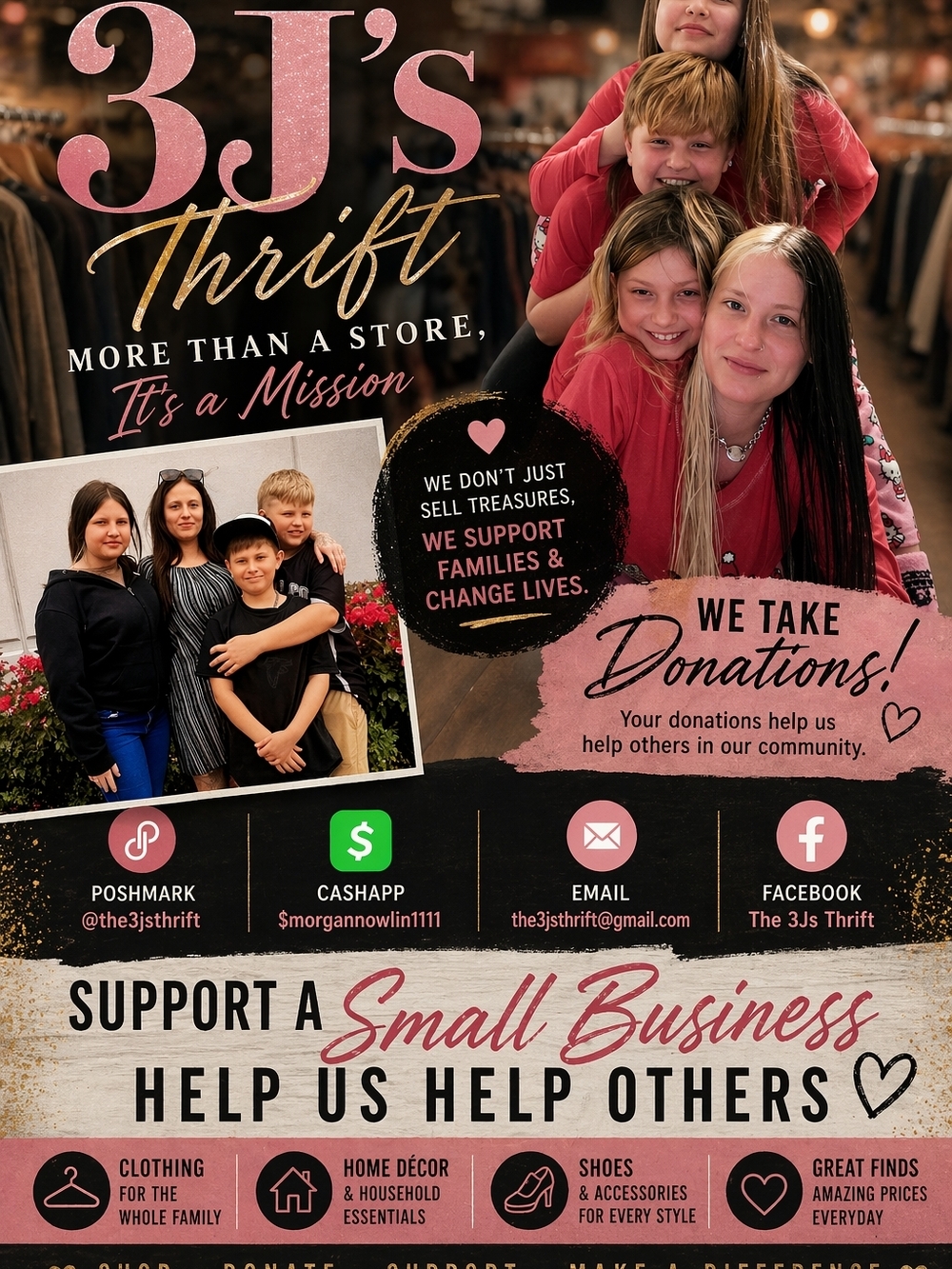 3J's Thrift Donation & Support Poster - Pink & Black